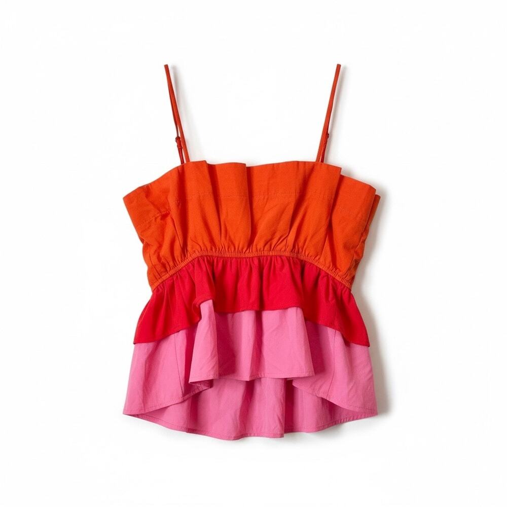 TCEC Layered Ruffle Colorblock Red Orange Pink Babydoll Cami Top Size L Women's